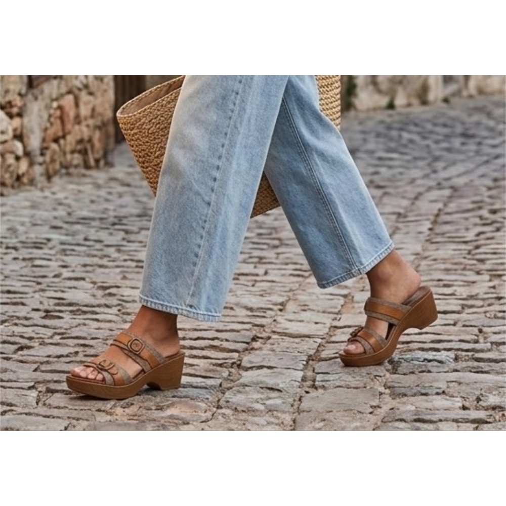 Dansko Jessie Sand Lizard Leather Wedge Sandals Tan Size 40
